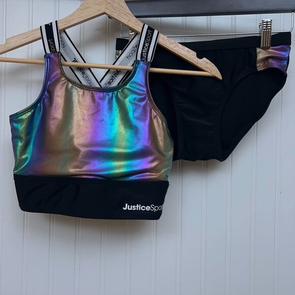 Justice Sport Girls Iridescent Rainbow Foil Bikini Swimsuit Set Size Large - Picture 2 of 8